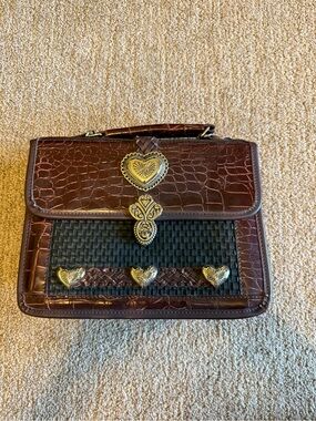 Brighton Brown and Black Croc-Embossed Satchel with Gold Heart Accents